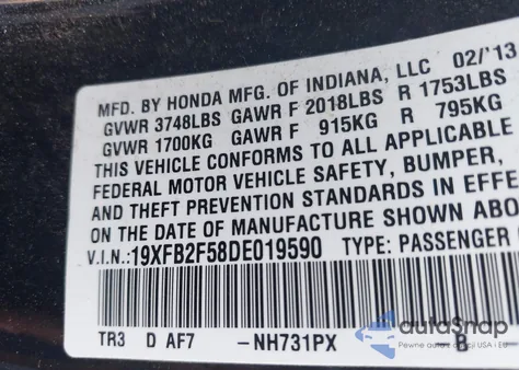 2013 Honda Civic Lx из США, поврежденный, VIN 19XFB2F58DE019590